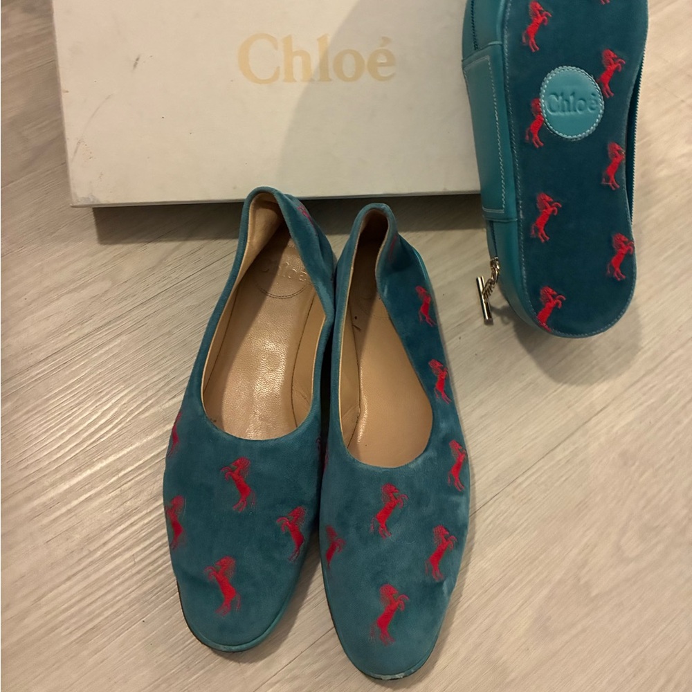Chloe Teal Suede Loafers with Red Embroidery